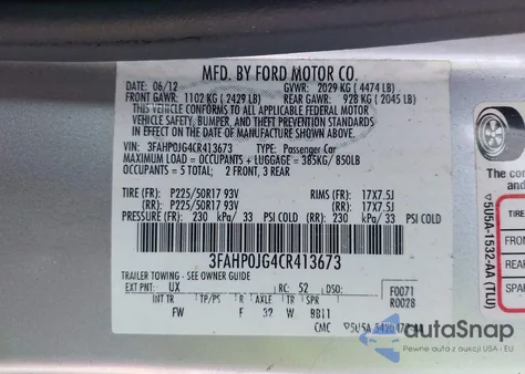 2012 Ford Fusion Sel from USA, damaged, VIN 3FAHP0JG4CR413673